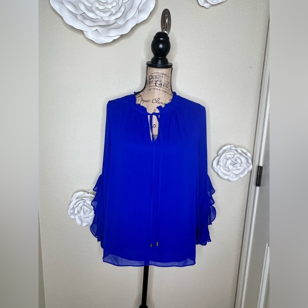 Gibson Latimer Ruffled Sheer Overlay Bell Sleeves Royal Blue Blouse Size M
